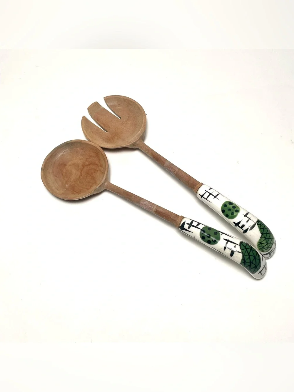 Vintage Mid Century Wooden Salad Serving Set Hand Painted Ceramic Handles Japan